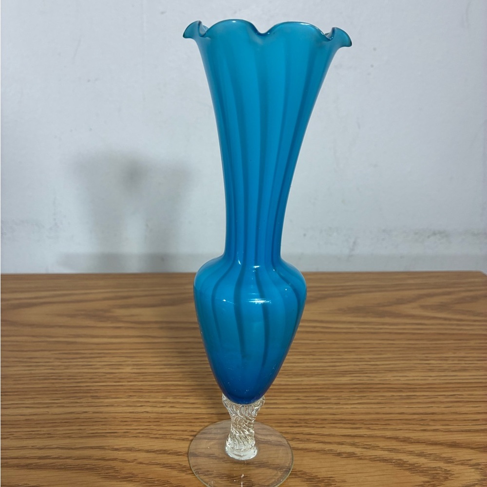 Empoli Turquoise Glass Bud Vase Ruffled Edge